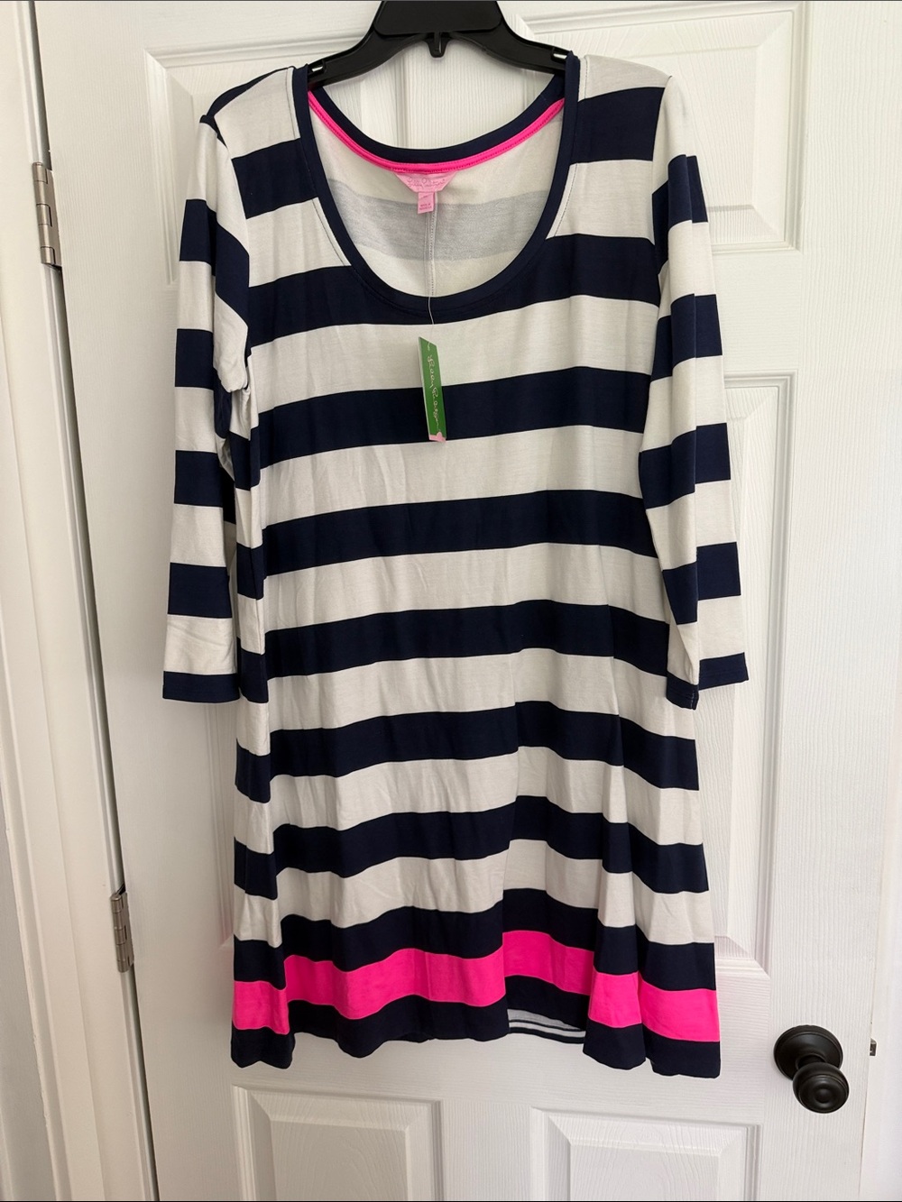 Lilly Pulitzer Navy & White Striped Dress with Hot Pink Trim